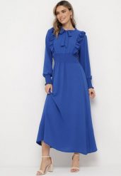 Niebieska Rozkloszowana Sukienka Maxi Wiązana przy Dekolcie Ozdobiona Falbankami Nuteki. Niebieskie sukienki damskie Born2be, na imprezę, m, bez wzorów, eleganckie, bez kołnierzyka, bez ramiączek, maxi, rozkloszowane. Za 109.99 zł.