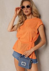 Pomarańczowy Top z Regulacją w Talii i Wiązaniem na Dole z Rozcięciem na Plecach Tiimaelin. Brązowe topy damskie Renee, m, bez wzorów, z jeansu, eleganckie, bez kołnierzyka, bez ramiączek. Za 49.99 zł.