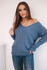 Sweter pleciony z dekoltem V jeansowy. Swetry nierozpinane damskie KESI, l, bez wzorów, z jeansu, bez kołnierzyka, plus size, bez ramiączek. Za 158.92 zł.