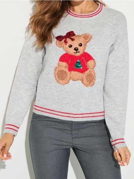 Sweter z motywem świątecznym z domieszką wełny - szary. Szare swetry nierozpinane damskie Sinsay, l, bez wzorów, z wełny, wizytowe, bez kołnierzyka, bez ramiączek. Za 59.99 zł.