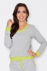 Szaro-zielona Dresowa Nierozpinana Bluza z Dekoltem V z Kontrastowymi Mankietami. Szare bluzy damskie Katrus, m, bez wzorów, z bawełny, bez ramiączek, bez kaptura. Za 169.00 zł.