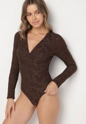 Brązowe Koronkowe Body z Bawełną z Długim Rękawem Zenarria. Brązowe body Born2be, z aplikacjami, z bawełny. Za 89.99 zł.