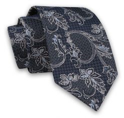 Ciemny Granatowy Elegancki Męski Krawat -ALTIES- 7cm, Stylowy, Klasyczny, w Szary, Srebrny Wzór. Niebieskie krawaty i muchy Alties, bez wzorów, z tkaniny, eleganckie. Za 49.00 zł.
