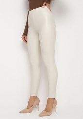 Białe Legginsy z Ekoskóry z Wysokim Stanem i Wsuwanymi Kieszeniami Rievalia. Białe legginsy damskie Born2be, bez wzorów, z jeansu. Za 29.99 zł.