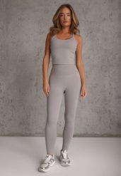 Szary Komplet Sportowy Legginsy High Waist i Top z Uszywnieniem Ulrike. Szare legginsy damskie Renee, bez wzorów. Za 129.99 zł.