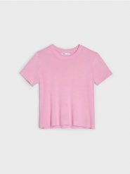 Wiskozowy sweter z krótkim rękawem - różowy. Czerwone swetry nierozpinane damskie Sinsay, l, bez wzorów, z wiskozy, bez kołnierzyka, bez ramiączek. Za 29.99 zł.