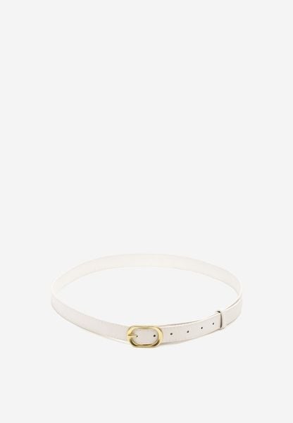 Biały Pasek Ozdobiony Zaokrągloną Klamrą Vozera. Białe paski damskie Renee, bez wzorów, z jeansu. Za 19.99 zł.