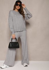 Szary Komplet z Dzianiny Oversizowa Bluza z Kapturem i Spodnie z Szerokimi Nogawkami Mathuva. Szare bluzy damskie Renee, bez wzorów, z dzianiny, bez ramiączek, z kapturem. Za 129.99 zł.