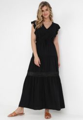 Czarna Sukienka Cileis. Czarne sukienki damskie Born2be, m, bez wzorów, z koronki, bez kołnierzyka, bez ramiączek, maxi, rozkloszowane. Za 79.99 zł.