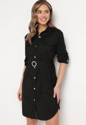 Czarna Sukienka o Koszulowym Fasonie z Paskiem z Cyrkoniami w Komplecie Iosali. Czarne sukienki damskie Born2be, xl, bez wzorów, eleganckie, bez kołnierzyka, bez ramiączek, midi, kopertowe. Za 64.99 zł.