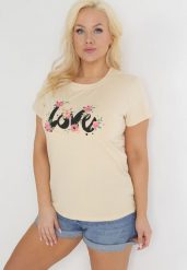 Beżowy Bawełniany T-shirt z Krótkim Rękawem i Nadrukiem Naremena. Brązowe t-shirty damskie Born2be, xl, bez wzorów, z bawełny, bez kołnierzyka, bez ramiączek. Za 39.99 zł.