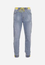 Niebieskie Jeansy z Gumką w Pasie ze Ściągaczami i Drobnymi Przetarciami Vernis. Niebieskie jeansy męskie Born2be, z denimu, klasyczne. Za 109.99 zł.
