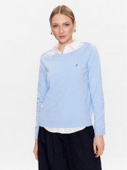 Tommy Hilfiger Sweter WW0WW37938 Błękitny Regular Fit. Niebieskie swetry nierozpinane damskie Tommy Hilfiger, xs, bez wzorów, z bawełny, bez kołnierzyka, bez ramiączek. Za 549.99 zł.