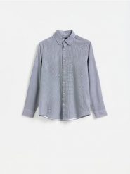 Koszula slim z drobnym printem - czarny. Czarne koszule męskie Reserved, l, bez wzorów, z tkaniny, bez kołnierzyka, bez ramiączek. Za 129.99 zł.