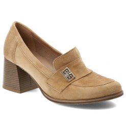 Półbuty damskie Armodo, cholewka ze skóry naturalnej zamszowej wsuwany fason z ozdobnym paskiem i metalowym elementem, brązowe, 20207. Brązowe półbuty damskie Armodo, bez wzorów, ze skóry, bez obcasa, bez zapięcia. Za 429.00 zł.