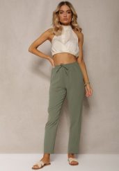 Zielone Spodnie na Gumce z Troczkiem w Pasie i Zwężanymi Nogawkami Starima. Zielone spodnie materiałowe damskie Renee, bez wzorów, z jeansu, eleganckie. Za 49.99 zł.