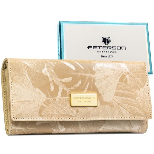 Beżowy portfel damski ze skóry naturalnej i ekologicznej w roślinny wzór Peterson PTN PS401-MLF. Brązowe portfele damskie Peterson, ze skóry. Za 106.99 zł.