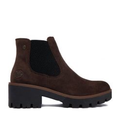 Botki Rieker. Brązowe botki damskie Rieker, bez wzorów, bez obcasa, na słupku, bez zapięcia. Za 399.99 zł.