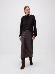Sweter z dodatkiem wełny - ciemnobrązowy. Brązowe swetry nierozpinane damskie Reserved, l, bez wzorów, z dzianiny, bez kołnierzyka, bez ramiączek. Za 149.99 zł.
