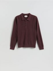 Sweter polo z lnem - bordowy. Czerwone swetry męskie Reserved, l, bez wzorów, z dzianiny, bez kołnierzyka, bez ramiączek. Za 219.99 zł.
