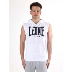 Leone Basic męska bluza z kapturem i bez rękawów zapinana na zamek. Białe bluzy męskie LEONE 1947 APPAREL, m, bez wzorów, z bawełny, z kapturem, na fitness i siłownię. Za 126.26 zł.