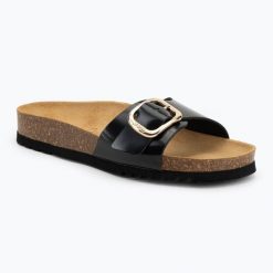 Klapki damskie Scholl Kathleen Printed Leather. Czarne klapki damskie Scholl, bez wzorów, z materiału, bez obcasa, bez zapięcia. Za 219.99 zł.