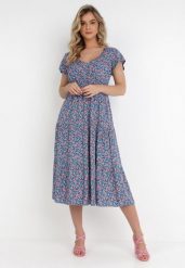 Niebieska Sukienka Helledeia. Niebieskie sukienki damskie Born2be, na lato, s, z aplikacjami, bez kołnierzyka, bez ramiączek, midi. Za 64.99 zł.