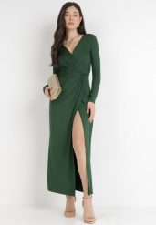 Ciemnozielona Sukienka Mellona. Zielone sukienki damskie Born2be, l, bez wzorów, z dzianiny, eleganckie, bez kołnierzyka, bez ramiączek, maxi, kopertowe. Za 119.99 zł.