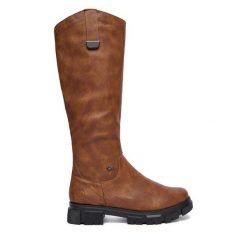 Kozaki Rieker. Brązowe kozaki damskie Rieker, bez wzorów, bez obcasa, na płaskiej podeszwie, bez zapięcia. Za 429.99 zł.