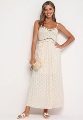 Beżowa Rozkloszowana Sukienka na Ramiączkach Pemvia. Brązowe sukienki damskie Born2be, na co dzień, bez wzorów, z jeansu, bez kołnierzyka, bez ramiączek, maxi, proste. Za 119.99 zł.