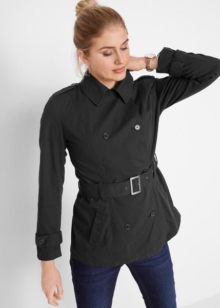 Krótki trencz. Czarne płaszcze damskie bonprix, bez wzorów, z bawełny, bez kołnierzyka, bez kaptura. Za 229.99 zł.