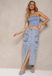 Niebieska Jeansowa Spódnica Regular Waist z Kieszeniami z Napami i Rozcięciem Alicella. Niebieskie spódnice damskie Renee, l, bez wzorów, z jeansu, eleganckie, maxi, koszulowe. Za 129.99 zł.