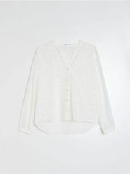 Bawełniana koszula z haftowanym wzorem - biały. Białe koszule damskie Sinsay, l, bez wzorów, z bawełny, bez kołnierzyka, bez ramiączek. Za 49.99 zł.