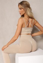 Beżowy Elastyczny Komplet Fitness Usztywniany Biustonosz i Legginsy z Gumką Orbinra. Brązowe legginsy damskie Renee, bez wzorów. Za 59.99 zł.