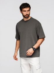 Męski t-shirt bawełniany LOOSE FIT z okrągłym dekoltem – szarozielony V3 - Rozmiar: L. Szare t-shirty męskie Ombre Clothing, l, bez wzorów, z bawełny, bez kołnierzyka, bez ramiączek. Za 169.99 zł.