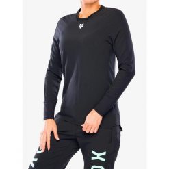 Bluza rowerowa damska Fox Defend Thermal Jersey. Czarne bluzy damskie FOX, bez wzorów, z jersey, sportowe, bez ramiączek, bez kaptura. Za 439.99 zł.