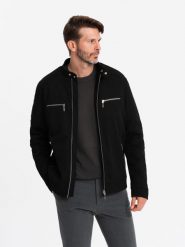 Kurtka męska typu biker ze stójką i kieszeniami – czarna V2 OM-JALP-0157 - XXL. Czarne kurtki męskie Ombre Clothing, m, bez wzorów, z materiału, bez kaptura. W wyprzedaży za 139.99 zł.