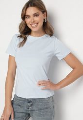 Jasnoniebieski Klasyczny T-shirt z Bawełny Lorali. Niebieskie t-shirty damskie Born2be, m, bez wzorów, z bawełny, klasyczne, bez kołnierzyka, bez ramiączek. Za 29.99 zł.