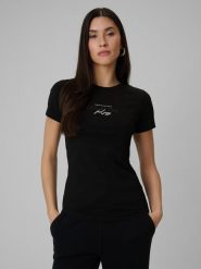 4F T-shirt slim z nadrukiem damski - czarny XXL. Czarne t-shirty damskie 4F, l, bez wzorów, z jeansu, bez kołnierzyka, bez ramiączek. Za 49.99 zł.
