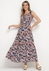 Granatowa Rozkloszowana Sukienka Bawełniana w Kwiatowy Print z Guzikami Jamallia. Niebieskie sukienki damskie Born2be, na lato, s, bez wzorów, z bawełny, bez kołnierzyka, bez ramiączek, maxi, rozkloszowane. Za 74.99 zł.