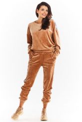 Welurowa Bluza z Logowaną Taśmą - Beżowa. Brązowe bluzy damskie Awama, l, bez wzorów, z materiału, bez ramiączek, bez kaptura. Za 209.90 zł.