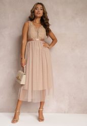 Ciemnobeżowa Tiulowa Sukienka Rozkloszowana z Koronką Phyvana. Brązowe sukienki damskie Renee, na imprezę, m, bez wzorów, z koronki, eleganckie, bez kołnierzyka, bez ramiączek, midi, kopertowe. Za 129.99 zł.