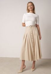 Beżowa Spódnica Rozkloszowana z Bawełną i Paskiem oraz Kieszniami Jorlea. Brązowe spódnice damskie Born2be, na co dzień, na lato, l, bez wzorów, z bawełny, boho, midi, koszulowe. Za 129.99 zł.