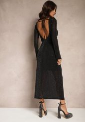 Czarna Dopasowana Sukienka Siateczkowa z Brokatem Wiązaniem na Szyi i Odkrytymi Plecami Nomiola. Czarne sukienki damskie Renee, m, bez wzorów, eleganckie, bez kołnierzyka, bez ramiączek, maxi, dopasowane. Za 149.99 zł.