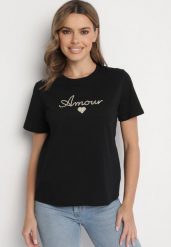 Czarna Bluzka z Bawełny Ozdobiona Napisem Nalavenne. Czarne bluzki damskie Born2be, m, bez wzorów, z bawełny, eleganckie, bez kołnierzyka, bez ramiączek. Za 34.99 zł.