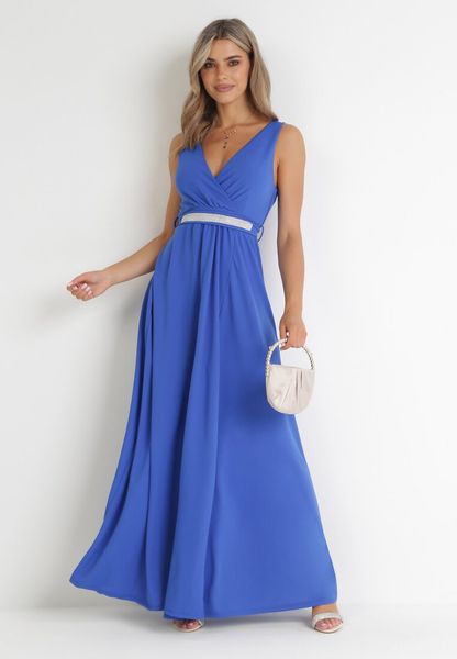 Niebieska Sukienka Rozkloszowana Maxi z Paskiem w Cyrkonie i Wycięciem Neorise. Niebieskie sukienki damskie Born2be, na wesele, z aplikacjami, z materiału, bez kołnierzyka, bez ramiączek, maxi, rozkloszowane. Za 129.99 zł.