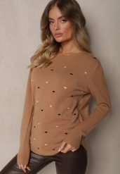 Ciemnobeżowy Elegancki Sweter z Delikatnymi Haftowanymi Zdobieniami z Przodu Reriala. Brązowe swetry nierozpinane damskie Renee, m, z aplikacjami, z jeansu, casualowe, bez kołnierzyka, bez ramiączek. Za 69.99 zł.