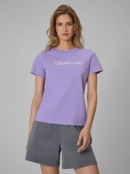 4F T-shirt regular z nadrukiem damski - fioletowy M. Fioletowe t-shirty damskie 4F, m, bez wzorów, z bawełny, biznesowe, bez kołnierzyka, bez ramiączek. Za 59.99 zł.