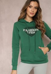 Zielona Bluza Kangurka Ocieplona Polarem z Ozdobnym Nadrukiem Elili. Zielone bluzy damskie Renee, m, bez wzorów, z jeansu, casualowe, bez ramiączek, bez kaptura. Za 79.99 zł.