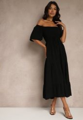 Czarna Wiskozowa Sukienka z Lnem o Rozkloszowanym Kroju Koloreia. Czarne sukienki damskie Renee, na co dzień, na lato, m, bez wzorów, z wiskozy, eleganckie, bez kołnierzyka, bez ramiączek, midi, rozkloszowane. Za 89.99 zł.
